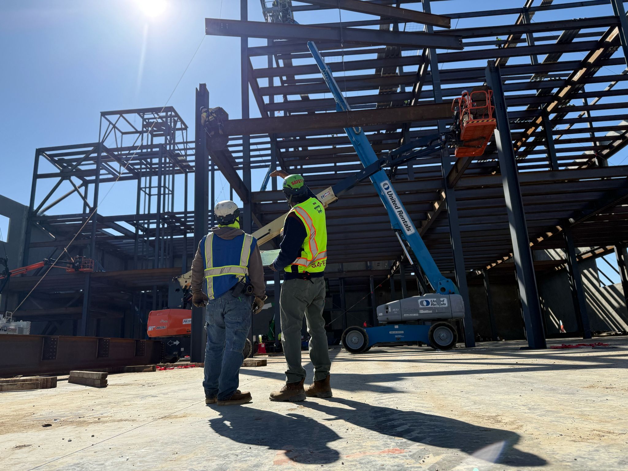 Bowman Steel crew coordinating on a large-scale steel erection project