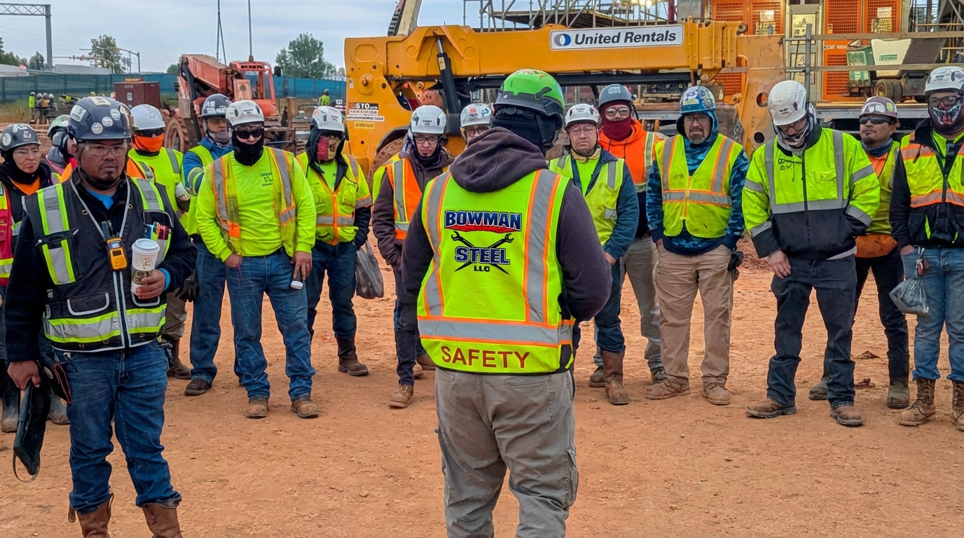 Bowman Steel crew gathered for a morning safety briefing on-site